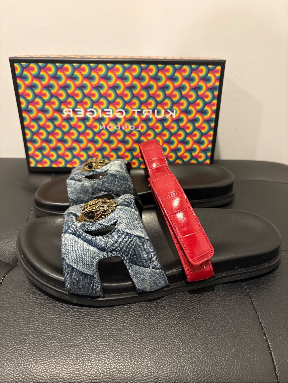 Kurt Geiger Denim & Red Dual-Strap Slide Sandals
